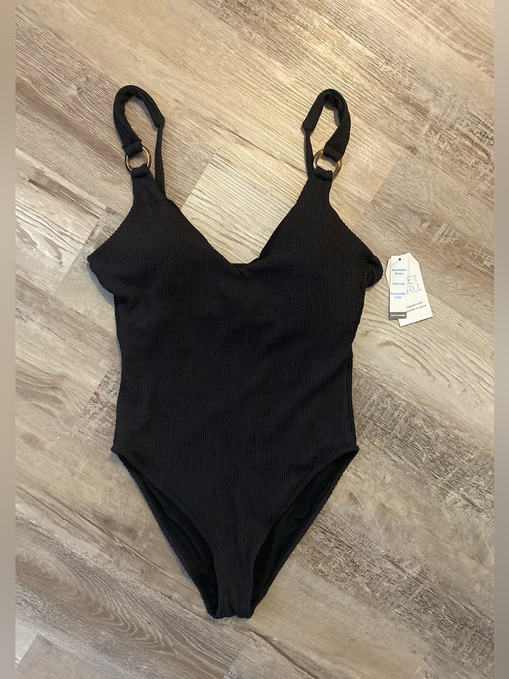 Time and Tru Women's Crinkle Plunge Ribbed One-Piece Swimsuit, XL 16-18 Black - Picture 3 of 13